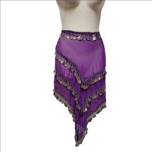 Dark Purple Hip Scarf 4 Rows Coin Tassels Wrap Scarf Belly Dance